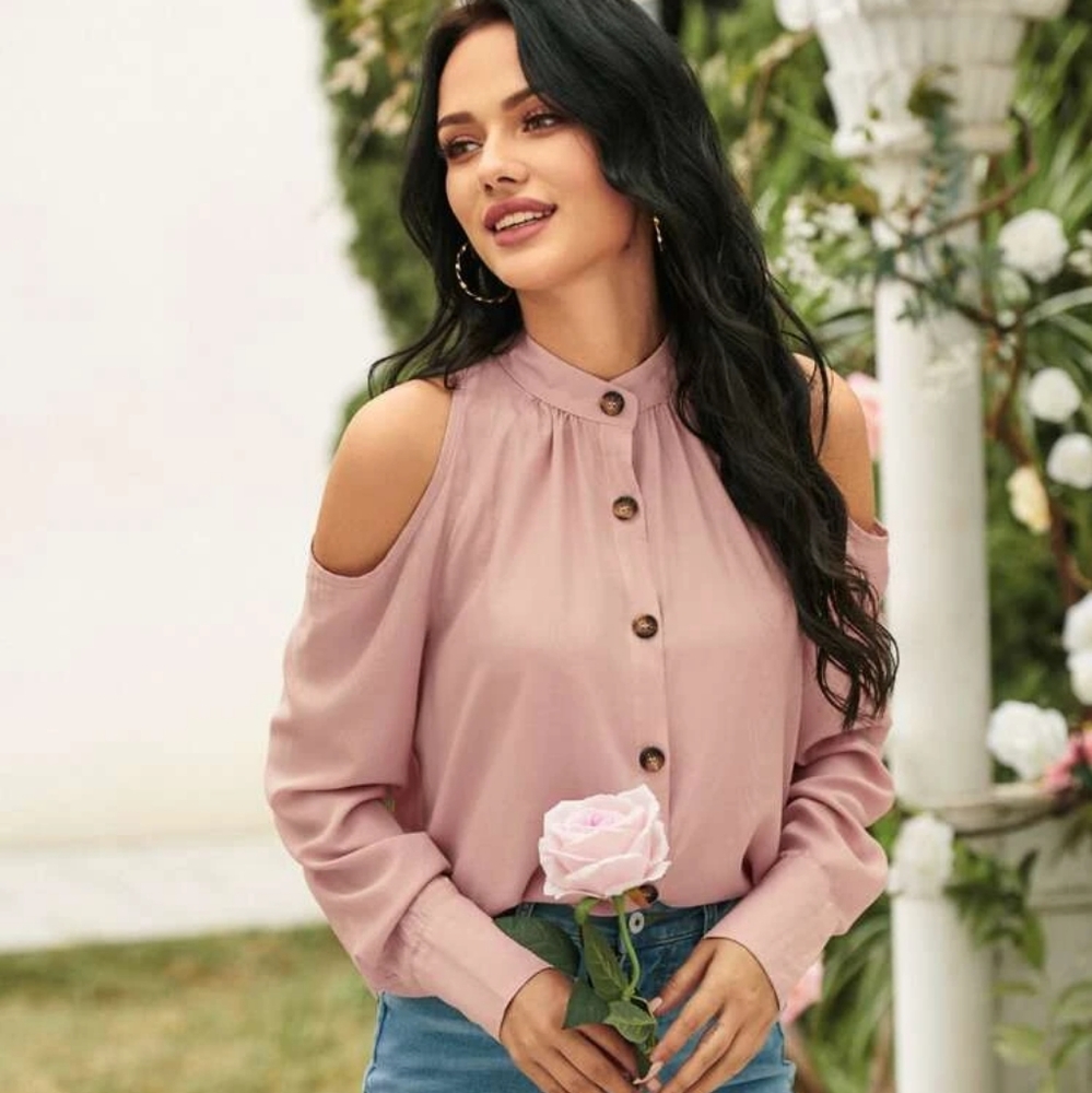 Cut Out Shoulder Button Up Blouse